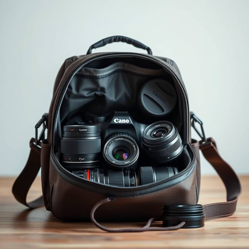 Bolsa de câmera aberta mostrando diferentes lentes.