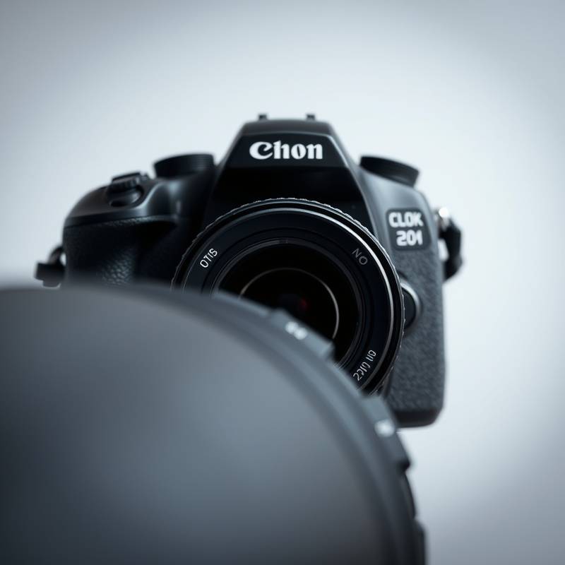 Close-up de uma câmera DSLR preta.