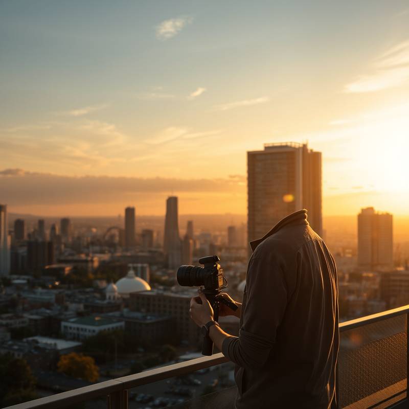 Fotógrafo profissional capturando uma imagem em uma paisagem urbana.