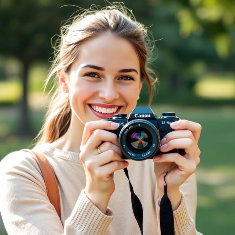 Mulher sorrindo enquanto segura uma câmera mirrorless em um ambiente externo.
